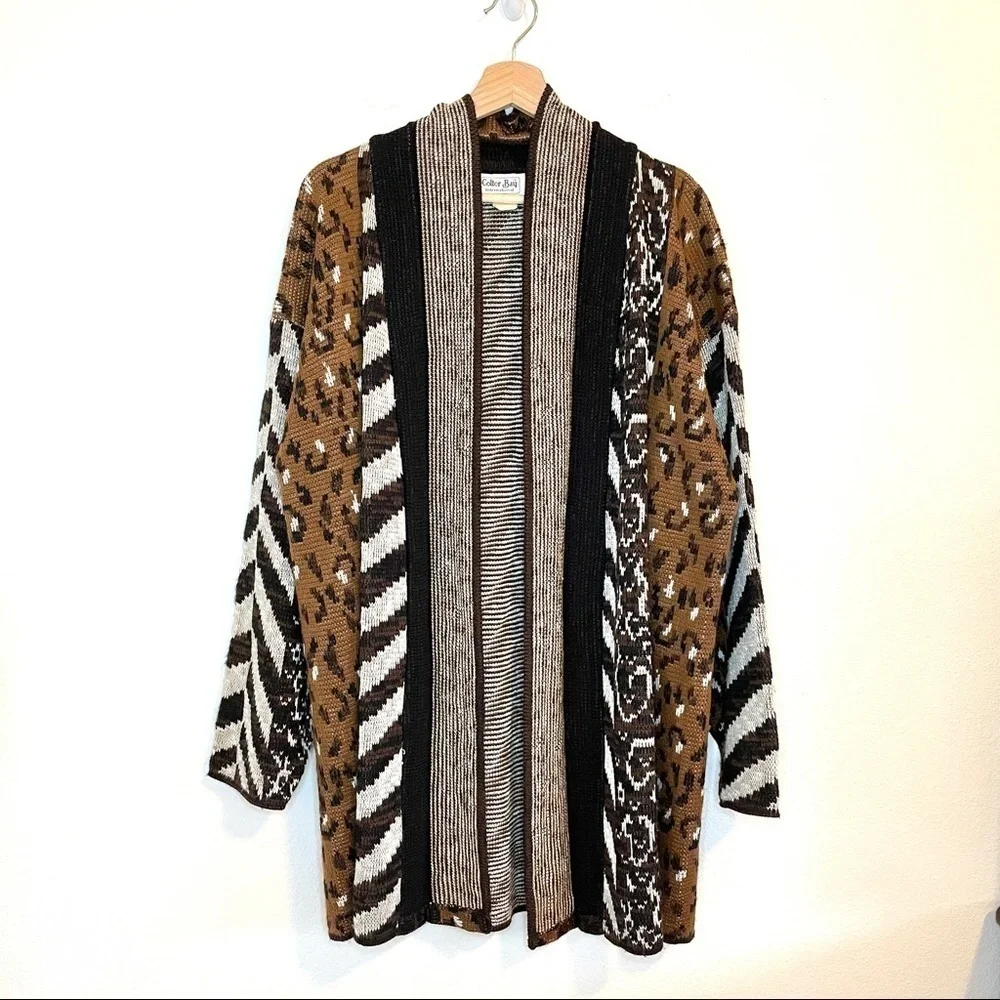 Vintage Colter Bay Mixed Pattern Longline Open Front Cardigan Sweater Large XL